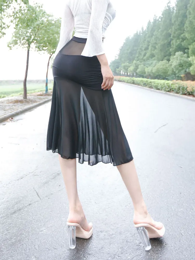 High Waisted Wrap Hip Skirts Mesh Transparent Night Clut Outfits Women\'s Elegant A-line Dresses Sexy Long Skirts Woman Clothing