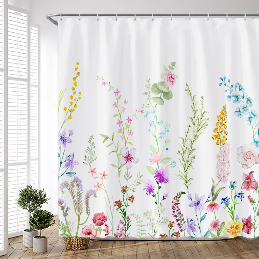 

Flowers Plant Leaves Shower Curtain Watercolor Floral Butterfly Wildflower Bathroom Decor Fabric Bathtubs Curtains with Hooks