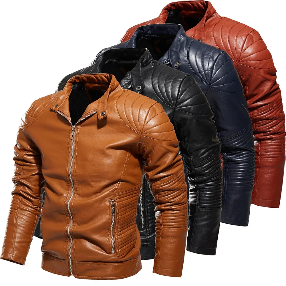 

Mens Brown Black Motorcycle Jacket Zip Up Long Sleeve PU Leather Coat Plush Moto Biker Outerwear Plus Size Xxxl Boys Overcoat