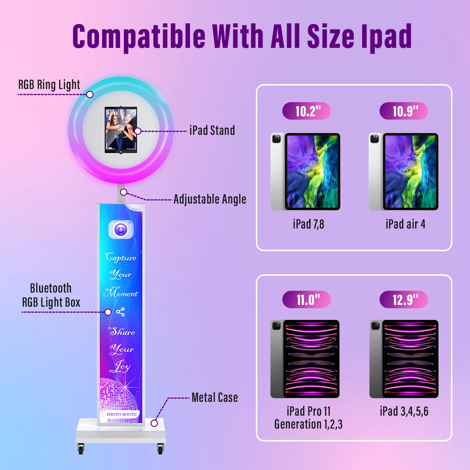 iPad Photo Booth Selfie Machine Shell Adjustable Stand Photobooth For Wedding Partys Events With LED Ring Light