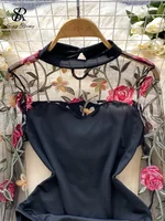 SINGREINY Vintage broderie gaze Sexy body col montant à manches longues combishorts mode épissé femmes ouvert entrejambe barboteuses 2
