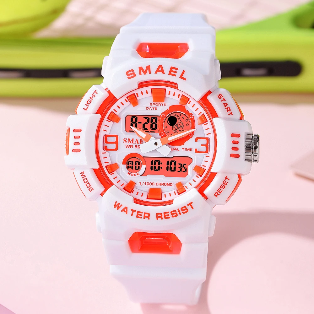 SMAEL Dual Time Sports Women Watch Quartz Student Wristwatches Fashion Female White Dual Time Digital Clock Lady Gift Auto Date 2