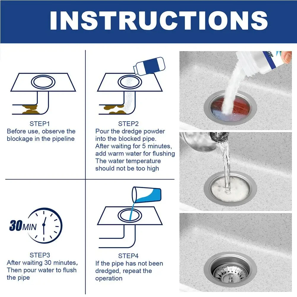 2pcs High Efficiency Clog Remover Kitchen Drain Unblocker Tub Sink & Unblocker Powerful Cleaning Fluid - Pipe tunnel powder 110g