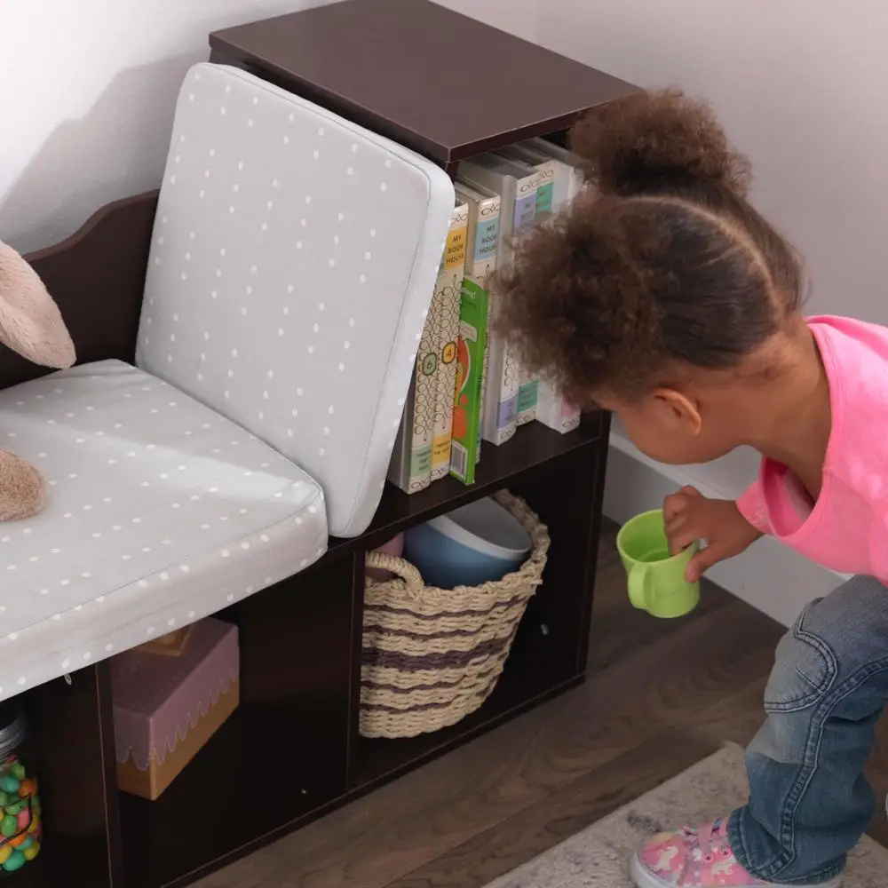 Wooden Bookcase Kids with Reading Nook 6 Shelves Cushioned Seating Storage Solution Ideal Playroom Organization 4