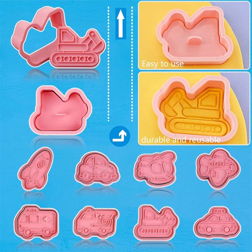 3D Cookie Cutter Stamps Airplane Car Vehicle Cartoon Pressable Stamp Cookie Molds Candy Baking Pastry Tools Baking Molds 8Pcs