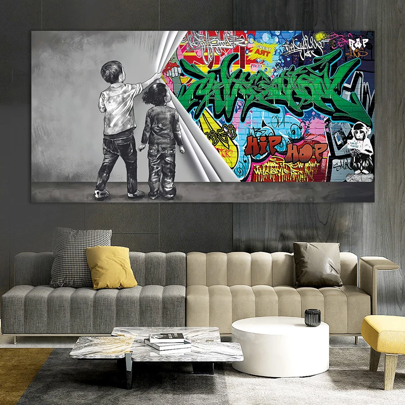 Banche Graffiti Art Fun due bambini tirando poster di stoffa e stampa su tela pittura immagini di arte della parete per soggiorno decorazioni per la casa - immagine 6