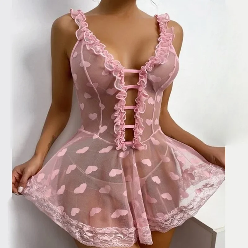 

2023 Sexy Lingerie For Woman Transparent Dress Crotchless Dress Female Erotic Costume Sexy Deep V Neck Underwear Set Nightgown