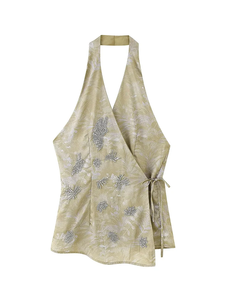 TFMLN Women's Beaded Embroidery Halter Vest Pants Sets Elegant Open Back Lace Up Tank Top Straight Trousers Female  New Outfits