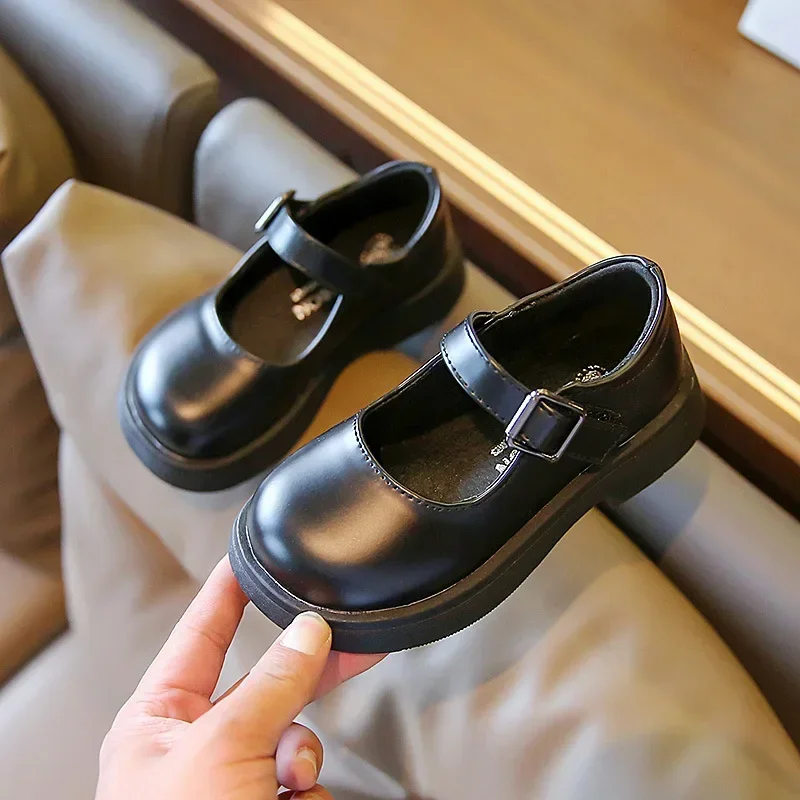 حذاء أسود مسطح ماري جين من البولي يوريثان للأطفال ، حذاء مدرسي بمنصة للطفلة ، حذاء الأميرة للطلاب والصغار ، 23-35