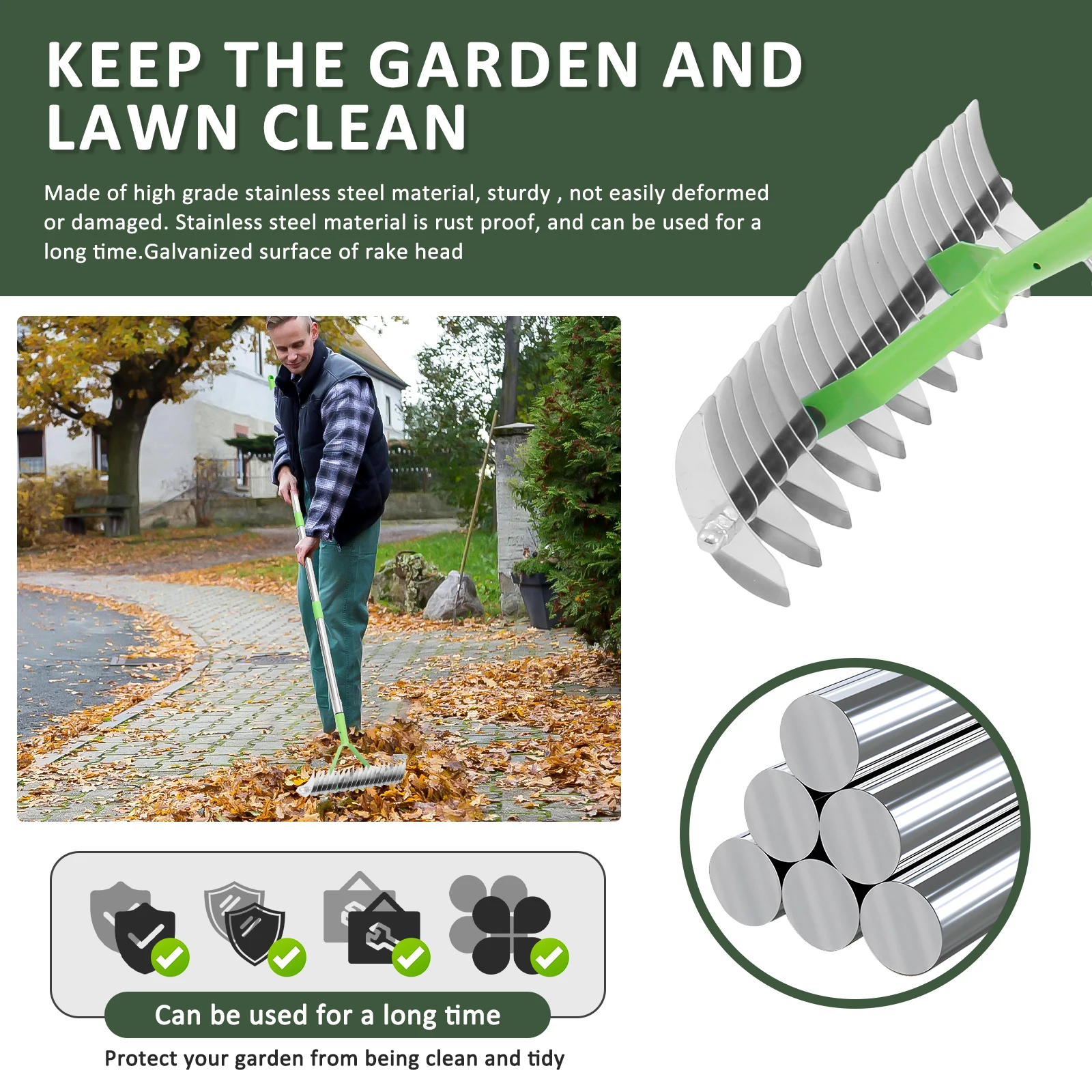 Thatch Rake Double Sided Lawn Rake Stainless Steel Adjustable Dethatcher with 4 Sections Handle Garden Tool for Clear Dead Grass farming rake