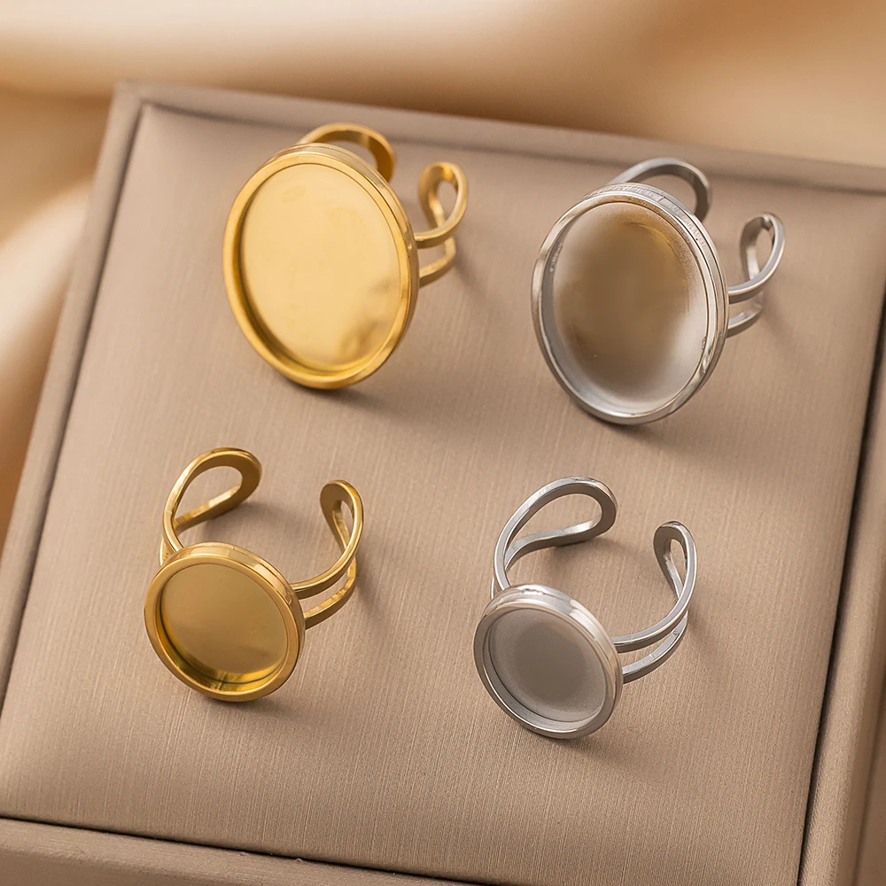 2 Stück rundes ovales Edelstahl-Rohling-Tablett, verstellbare Ringfassung, Cabochon-Basislünette für DIY-Schmuckherstellung, Zubehör – Detail 2