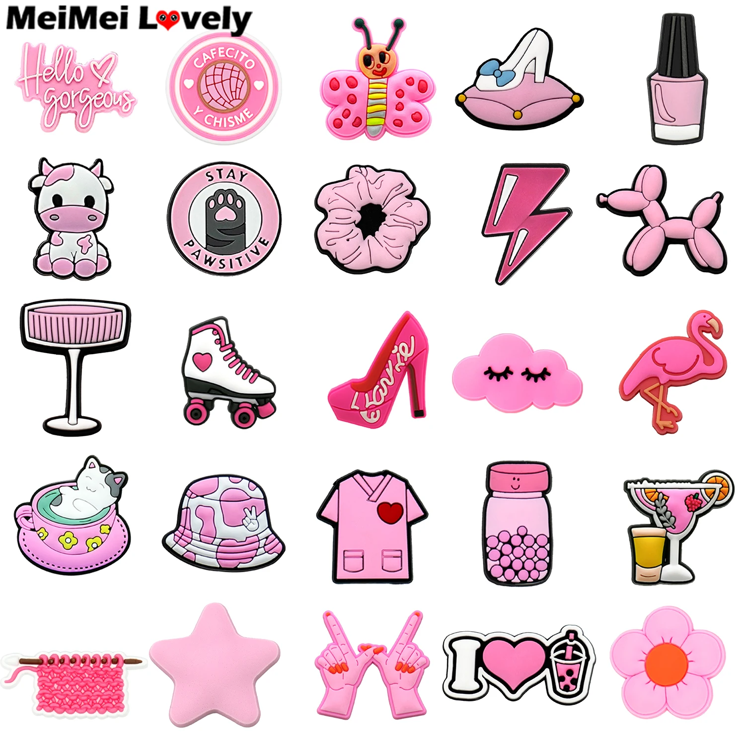 1 10pcs PVC Pink Cows Cat Shoe Charms for Sneakers Crown Cloud Shoe Decorations Accessories Bat for Women Girls shoe charms