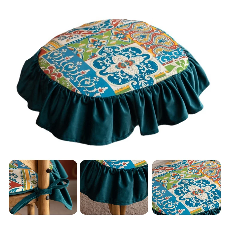Detachable Washable Floral Pattern/Solid Color Dining Chair Cushion Comfort Non-slip Lace-up Four Seasons Seat Mat Buttocks Pad 3