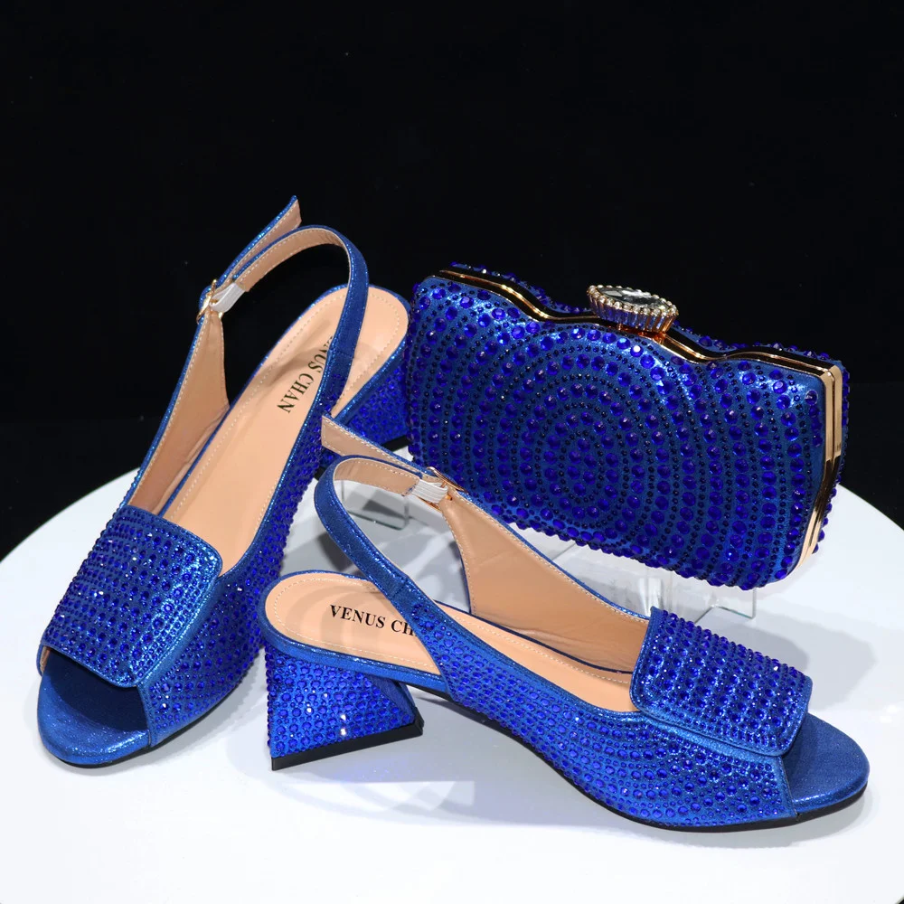 

Newest Blue Glitter Fabric Pointed Toe High Heels With A Variety Of Shapes Of Rhinestones Fashion Party Ladies Shoes And Ba