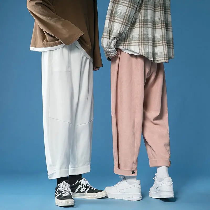 Spring Autumn New Solid Color Fashion Elastic Waist Wide Leg Trousers Man High Waist Pockets Patchwork Loose Ankle Length Pants