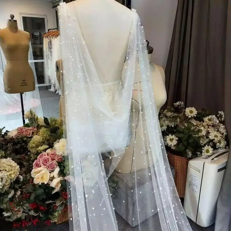 

Wedding Veil With Pearls One Layer Long Wedding Cape Scattered Pearls Cathedral Shoulder Veil Crystal Beaded Veil Metal Comb