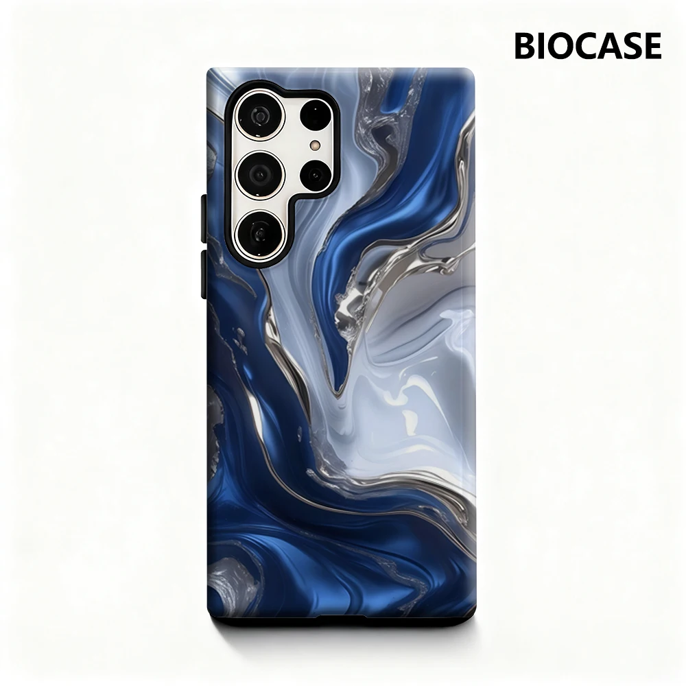 Blue and Silver Flowing Texture Glossy Double-Layer Phone Case