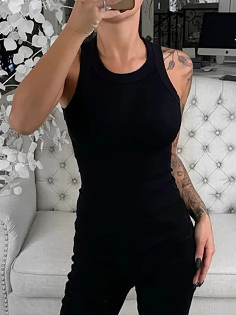 Women Solid Round Neck Ribbed Tank Top Camisole Women Summer Basic Elastic Tank Top O Neck Solid Tank Top 4