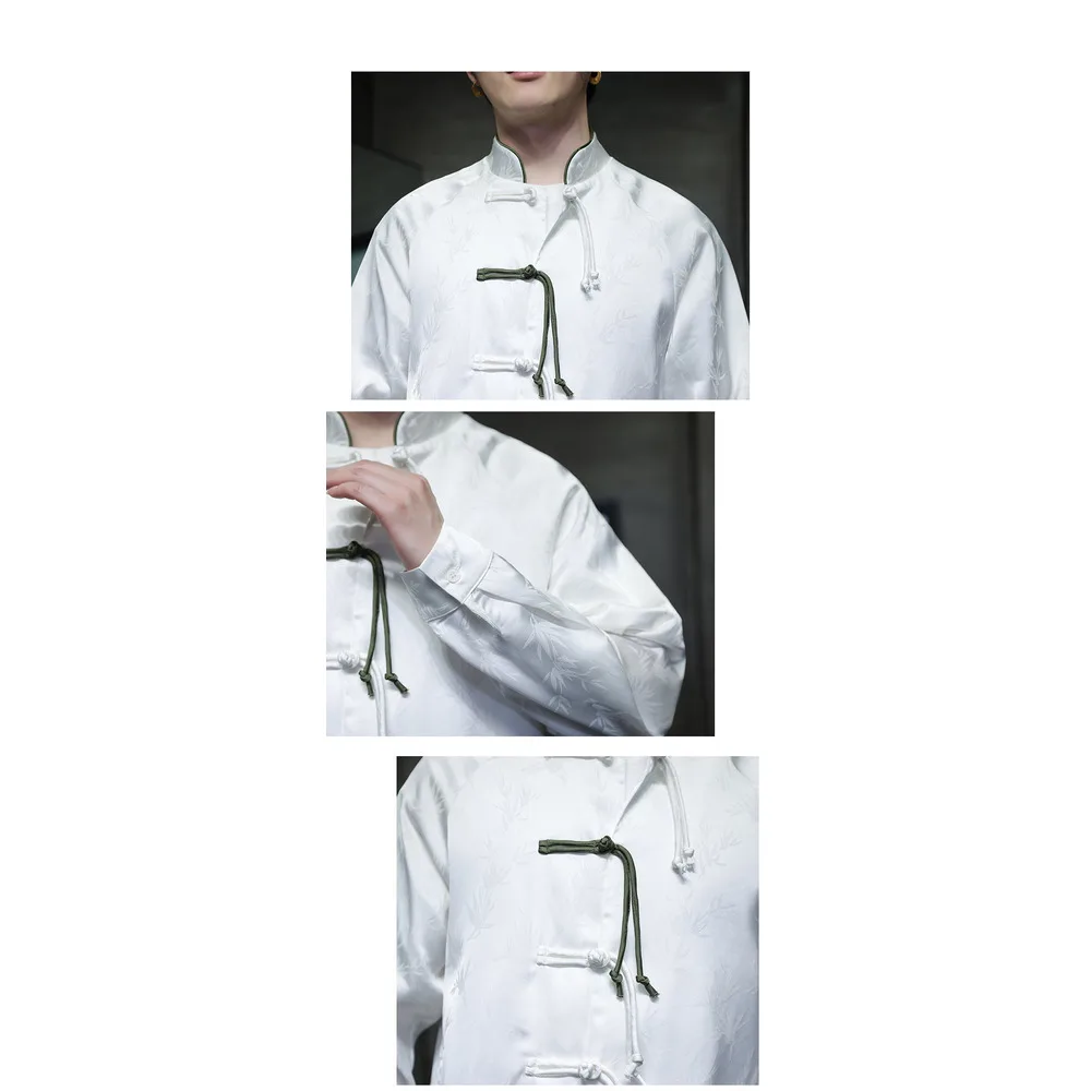 Black Hole Scenery Spring/Summer New Product Chinese Style Bamboo Leaf Silk Jacquard Long sleeved Shirt Button Standing_vogarts.com