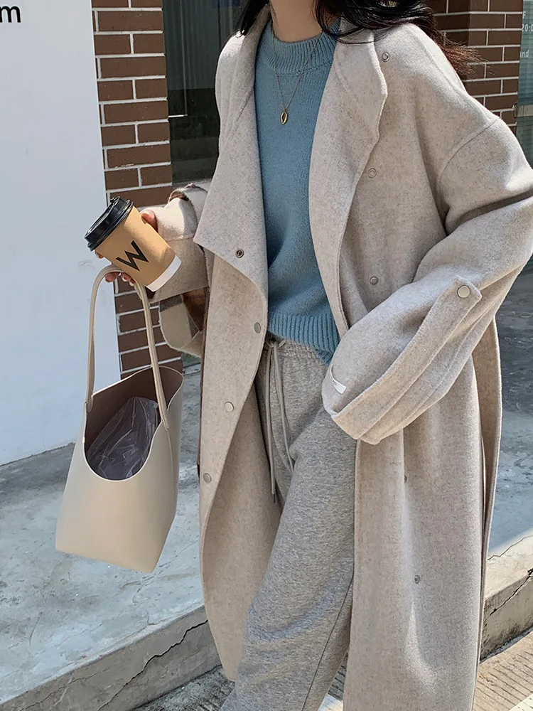 

Korean Style Handmade Personalized Turtleneck Black Long 100% Wool Coat Women 2022 Winter Single Breasted Lace Up Woolen Jackets