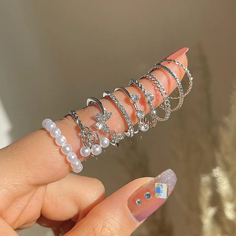Bohemian Butterfly Pearl Rings Set for Women Shine Pearl