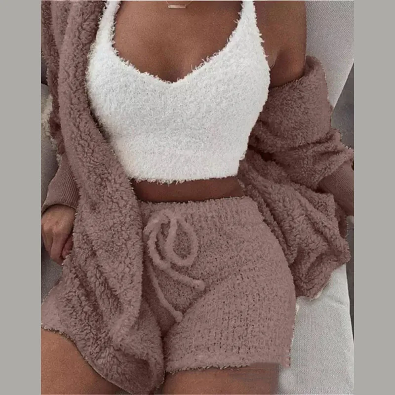 Sexy Fluffy Outfits Plush Velvet Hooded Cardigan Coat+Shorts+Crop Top Three Piece  Women Tracksuit Sets Casual Sports Sweatshirt loungewear sets Women's Sets