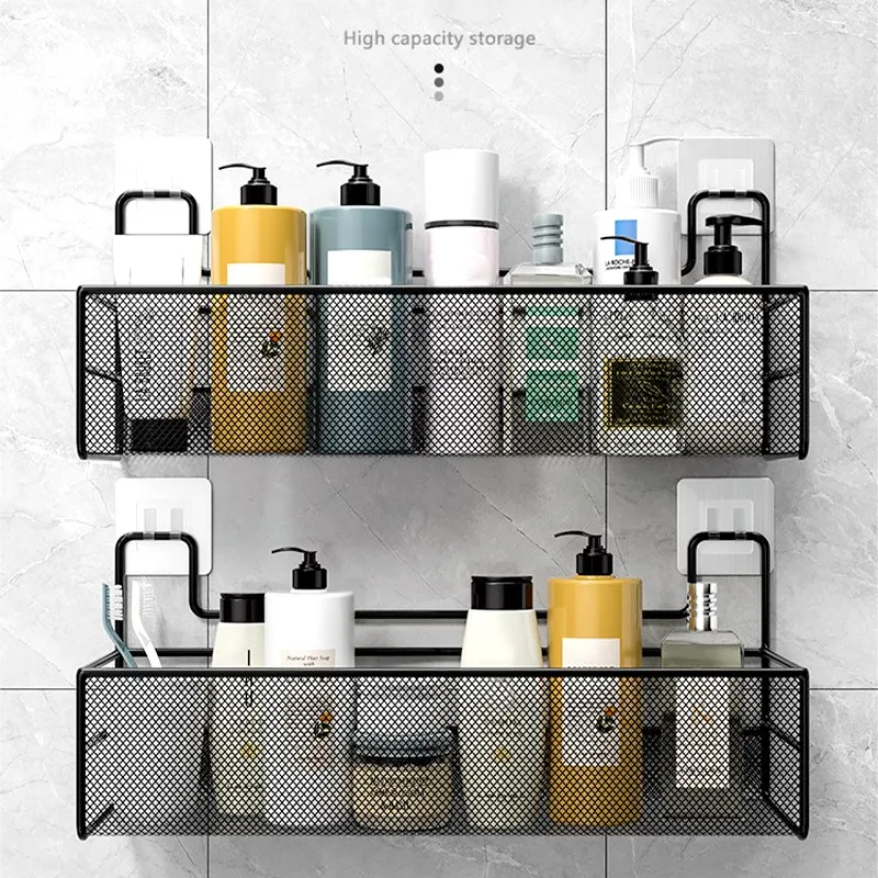 Wall-mounted Bathroom Shelf Shower Shampoo Rack Organizer Toilet Accessories Holder Kitchen Free Punch Condiment Storage Baskets 3