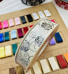 Gold and Silver Foil Rose Floral Satin Ribbon - 25mm, Elegant DIY Packaging Accessory - 48yards (Silver 2)