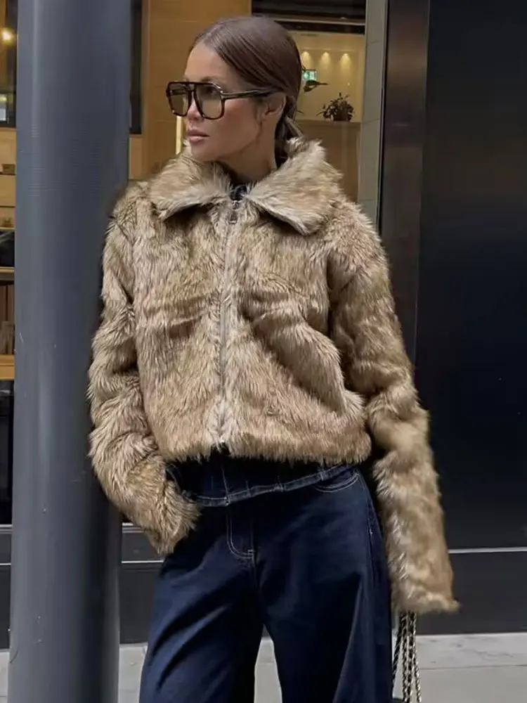 HH 2025 Women Winter Warm Faux Fur Coats Lapel Long Sleeve Zipper Jacket Female Fashion High Street Short Coat Outerwear