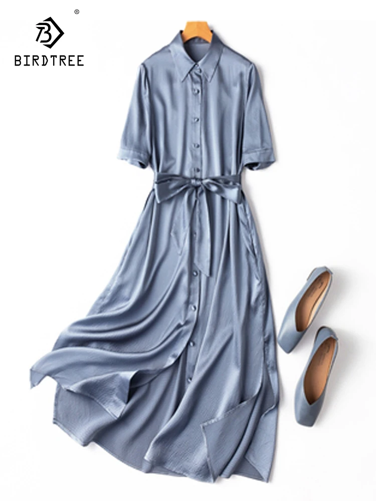

Birdtree 20 Mm Summer 93% Silk 7% Spandex Shirt Dress Women Turn Down Collar Loose Short Sleeve Slit Midi Dress Holiday D35840C