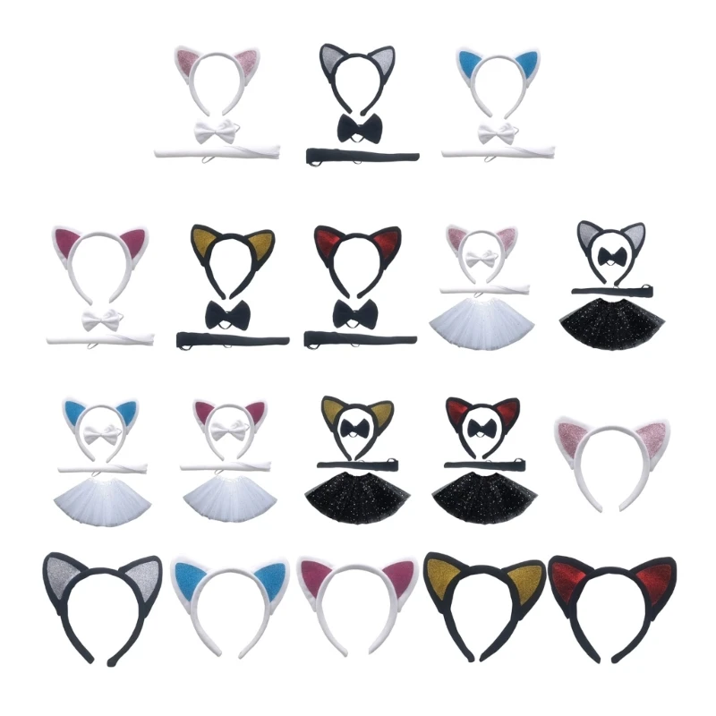 Cats-Costume Set Cat-Ears Headband Bowtie Tail Tutu Skirt for Kids-Girls-Boys Halloween Costume Cosplay Party Props