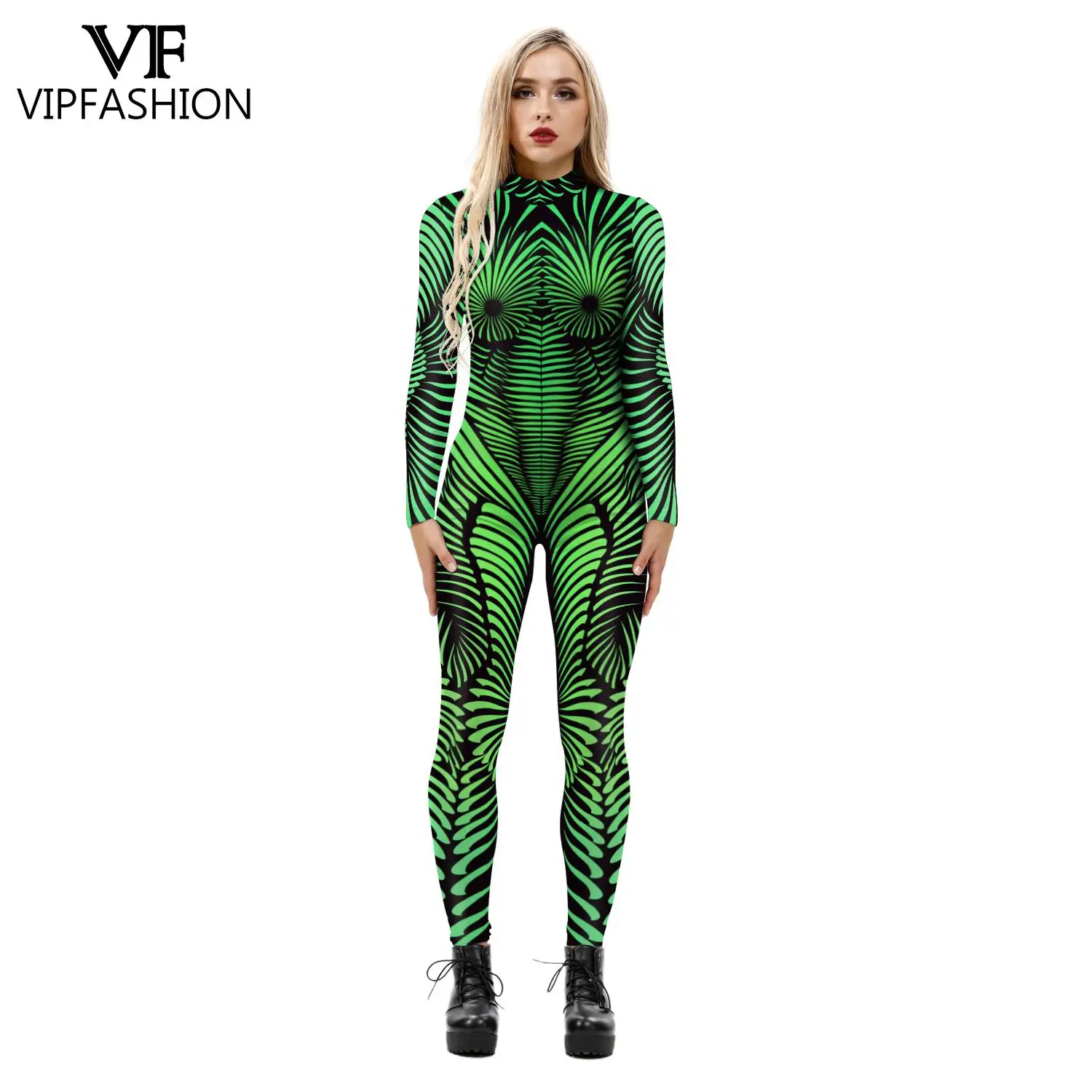 VIP FASHION Native Green Halloween Cosplay Costume Adult Woman Zentai Bodysuits Party Show Elastic Tight Outfit Festival Jumpsui