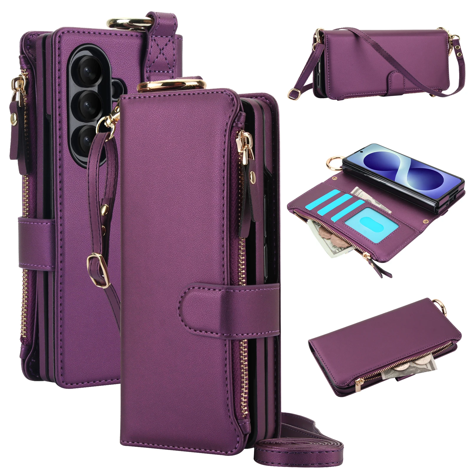 Elegant Multi-Functional Leather Crossbody Wallet Case with RFID Protection and Zippered Storage
