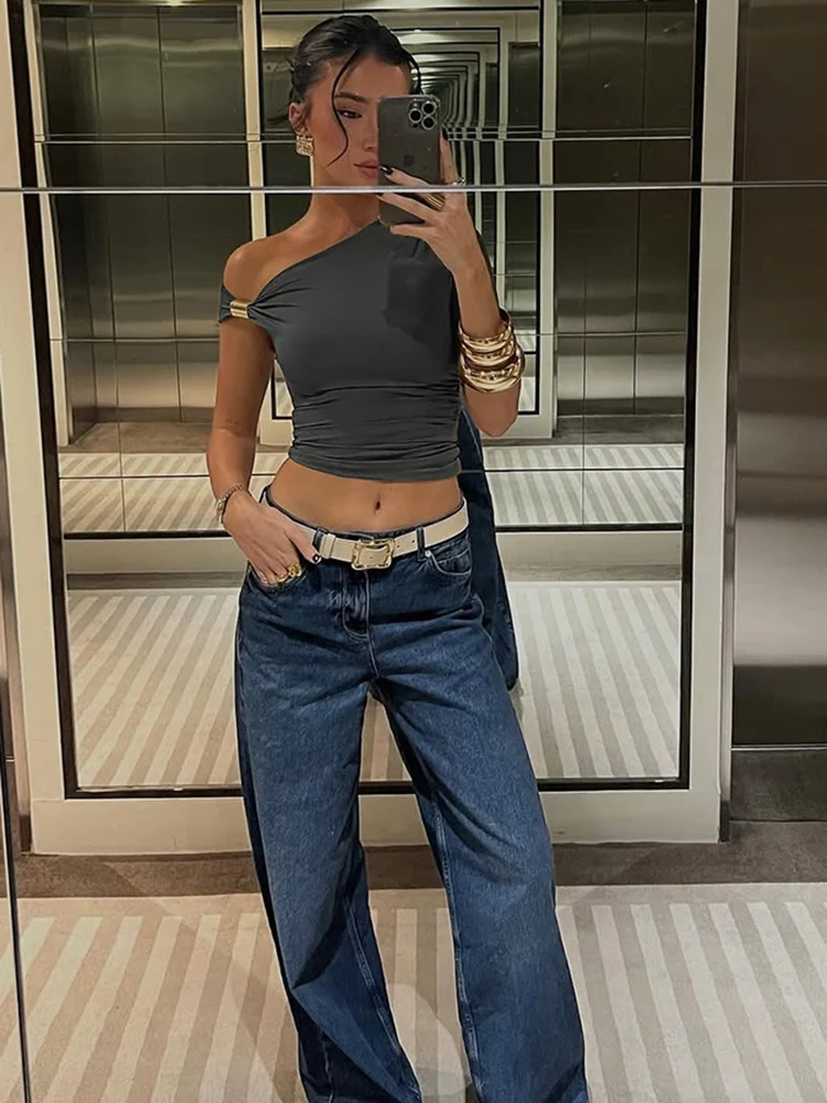 Nibber Summer Fashion Irregular Off Shoulder T-Shirts Women Ruched Skew Collar Single Sleeve Casual Solid Simple Streetwear