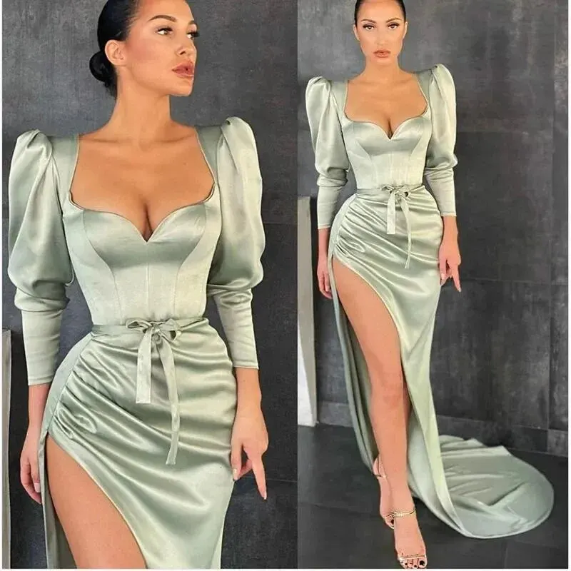 

Simple Unique Long Sleeves Sweetheart High Side Split Mermaid Wedding Guest Evening Prom Dresses for Bride Special Occasion 2023