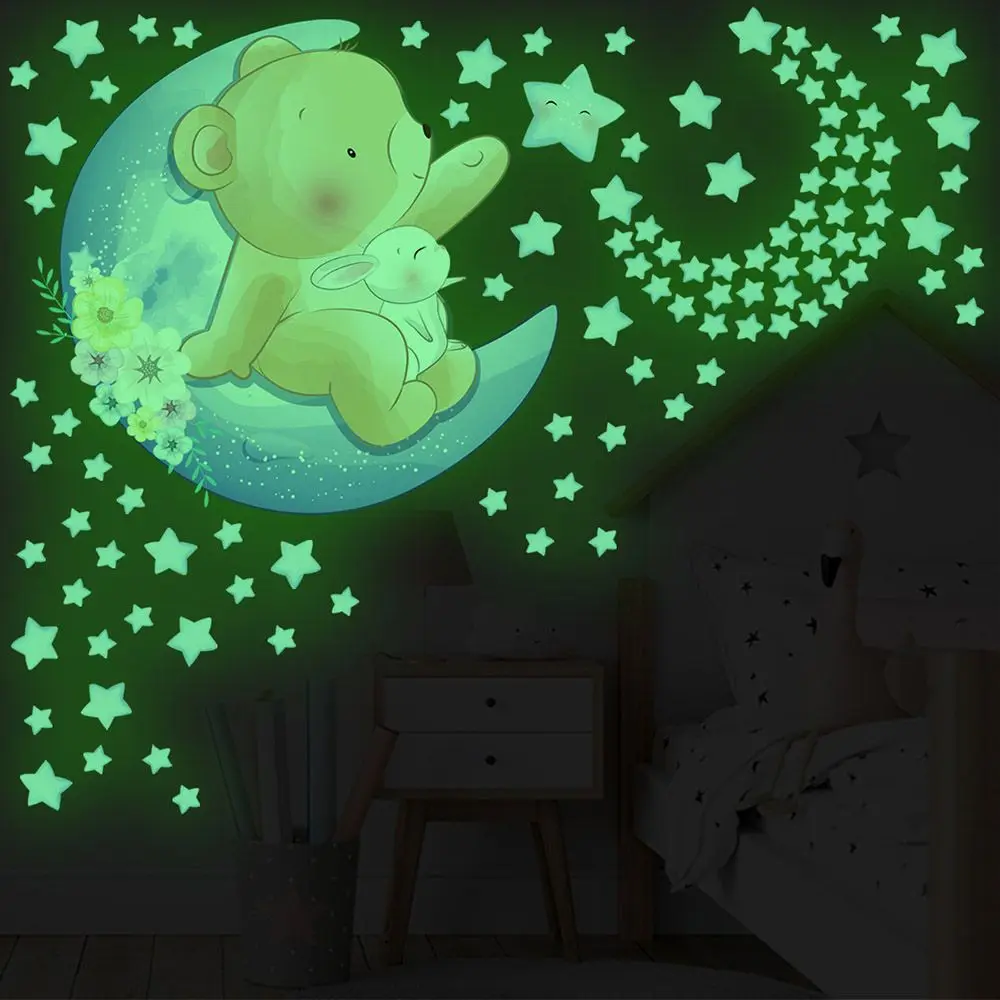Luminous Wall Stickers Cartoon Sleeping Animal Fluorescent Star Decals Glow In The Dark Starry Ceiling Bedroom