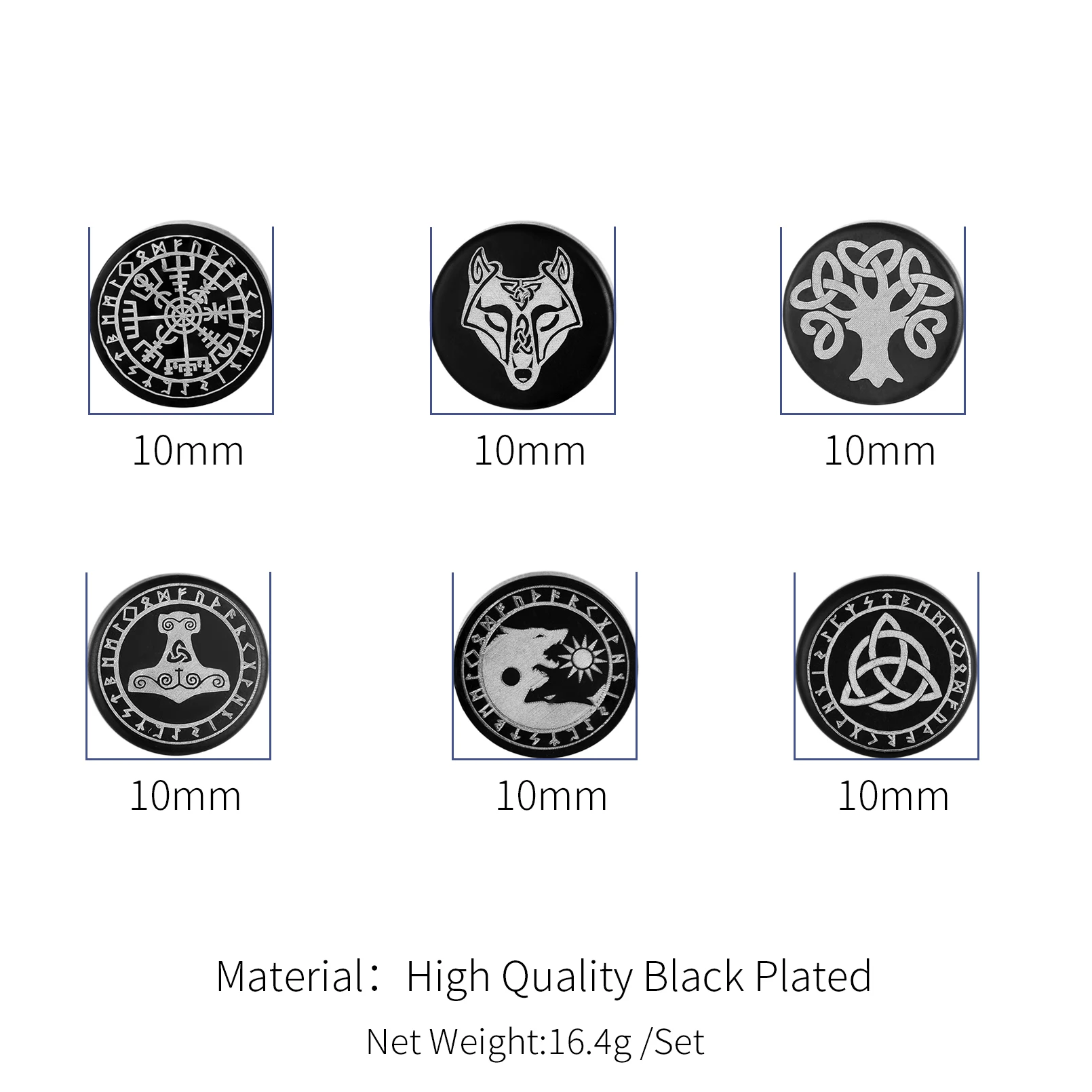 6pairs/set Black Round Stud Earrings Skull Celtic Cross Star of David Viking Wolf Tree Fighter Eye of Horus Unisex Jewerlry QC24 6