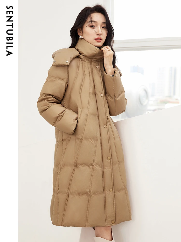 

SENTUBILA Fashion Winter Down Jacket Women 2023 Hooded Mid-Length Stand Collar Down Coats Warm Belt Puffer Jackets W34Y49490