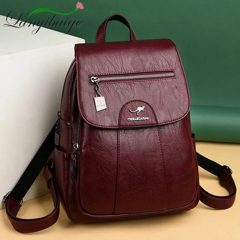 Handbag Winkey  Women Leather Large Capacity Backpack Red Soft Face Fashion Retro College School Bag 