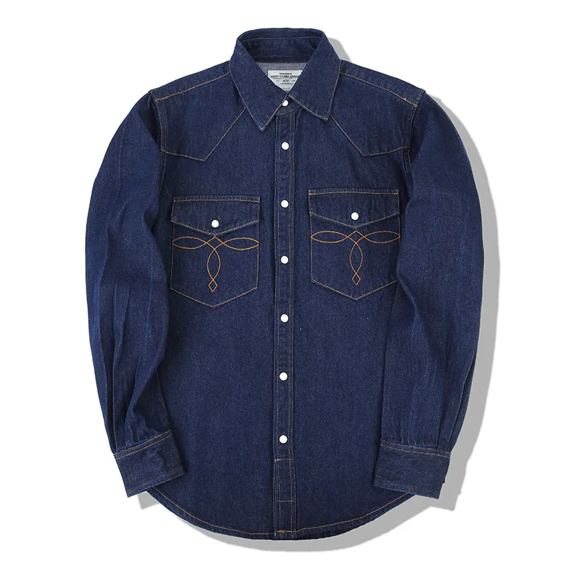 Tough Guys Feel Hard Washed Denim Shirts for Men Vintage Raw Classic Arcuate Arcs Pockets Workwear Tops Cotton Autumn Fall