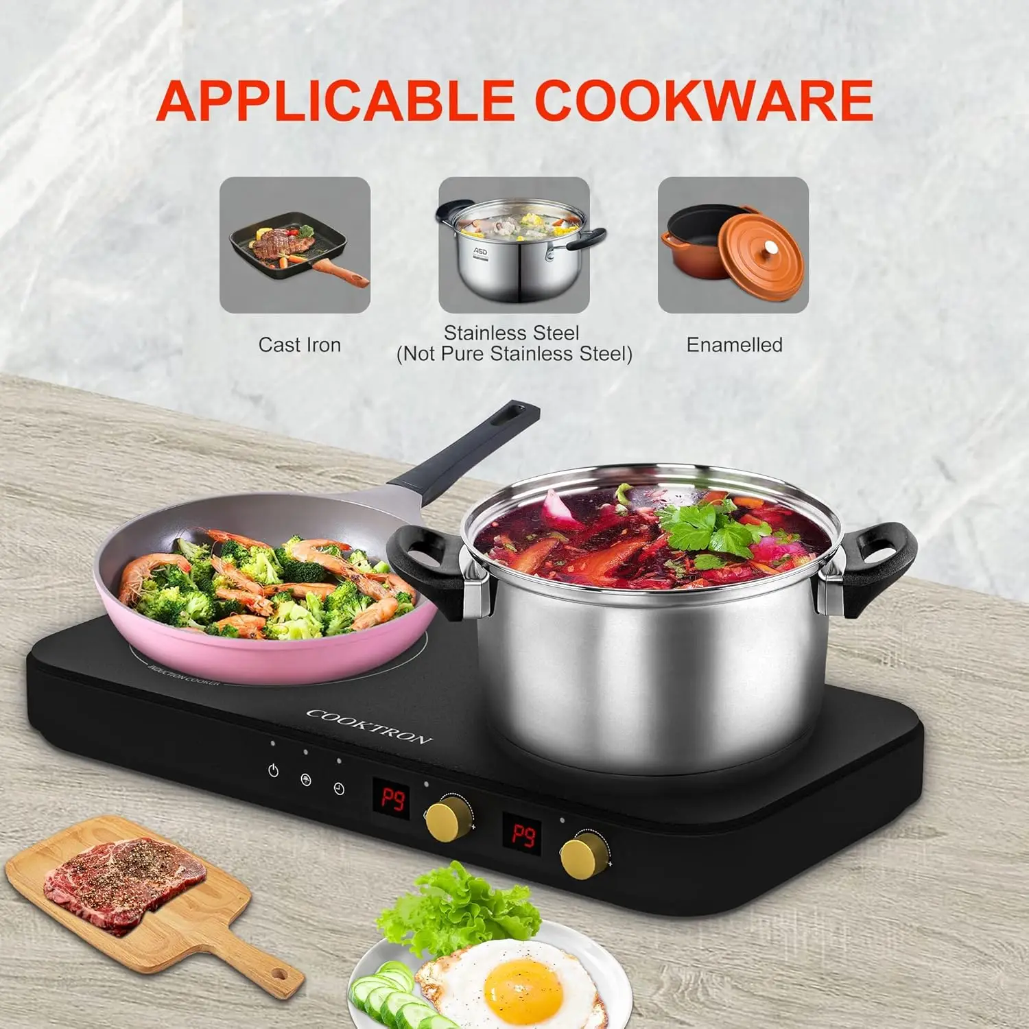 Portable Induction Cooktop 2 Burner with Removable Iron Cast Griddle Pan Non-stick, 1800W Double Induction Cooktop with