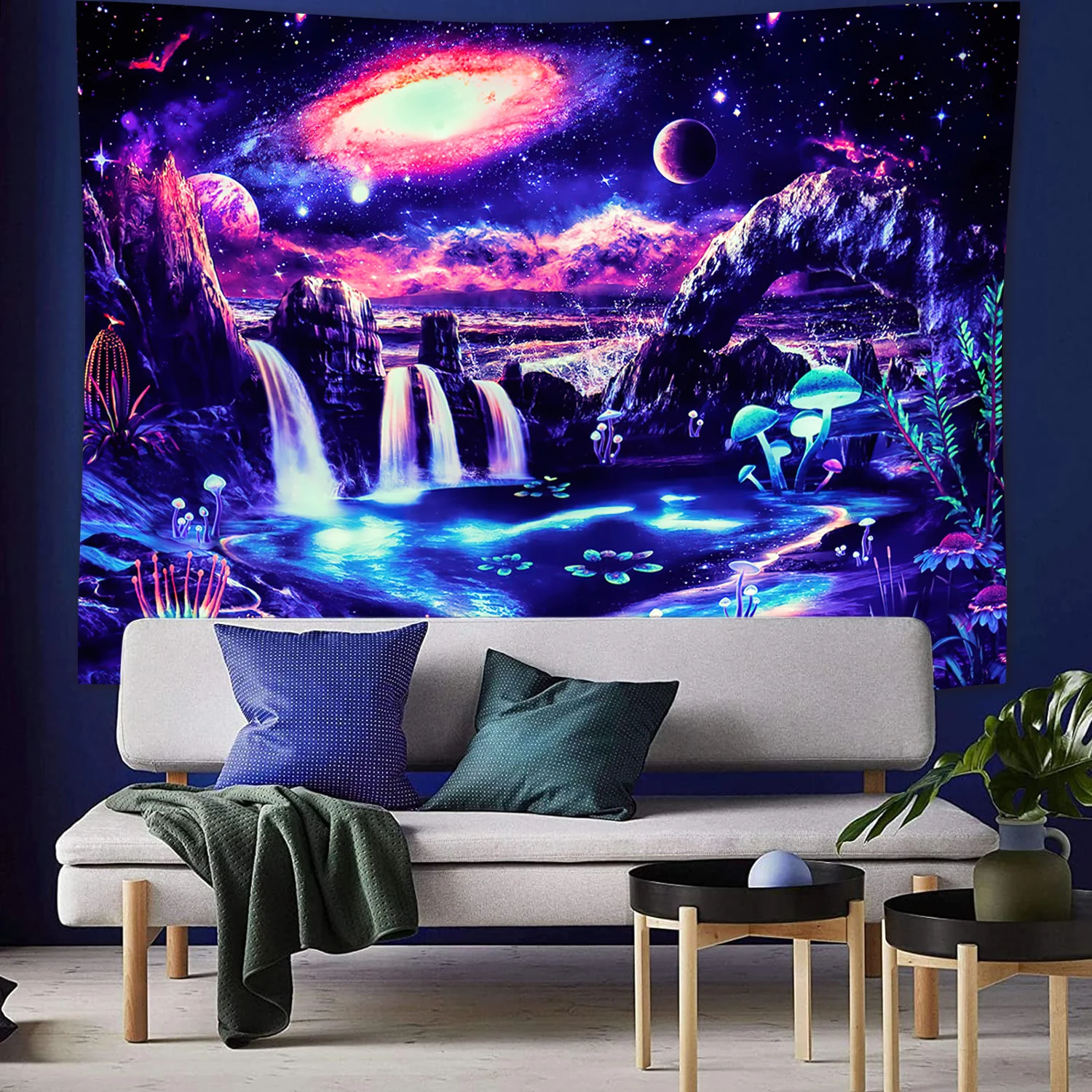Neon Blacklight Tapestry Fantasy Mountain Waterfall Tapestries,Galaxy UV Reactive Backdrop for Artful Wall Hanging & Home Décor 2