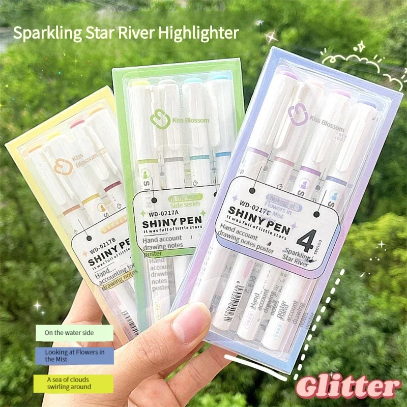반짝이 귀여운 글리터 하이라이터 마커, 노트 촬영 플래너, 성서 일기장, 일본 문구, 4 색 세트