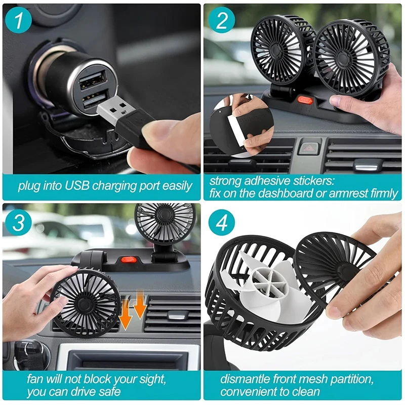 1/2/3 Head Car Fan 360° Adjustable Air Fan Automotive Electric Fan USB/12V/24V Fan 2 Speeds Car Silent FanHome Desk Office&Car