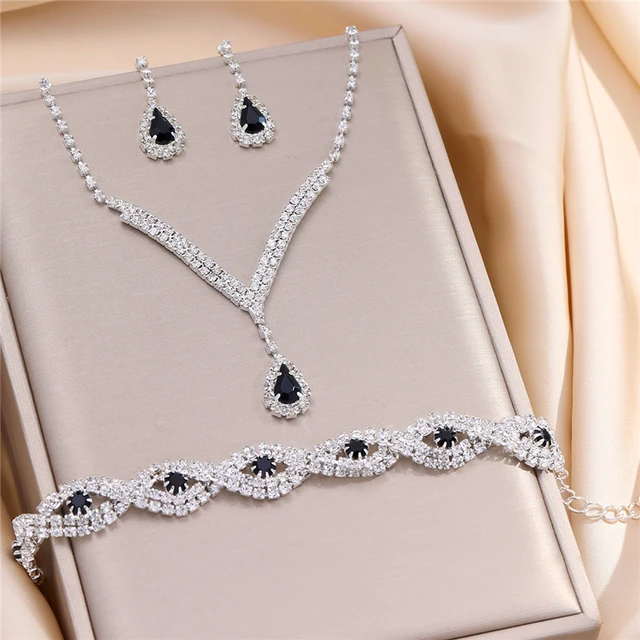 3 Pcs Luxury Rhinestone Bride Jewelry Set for Women Black Water Drop Crystal Earrings Wedding V Necklace Eye Bracelet Fashion 2