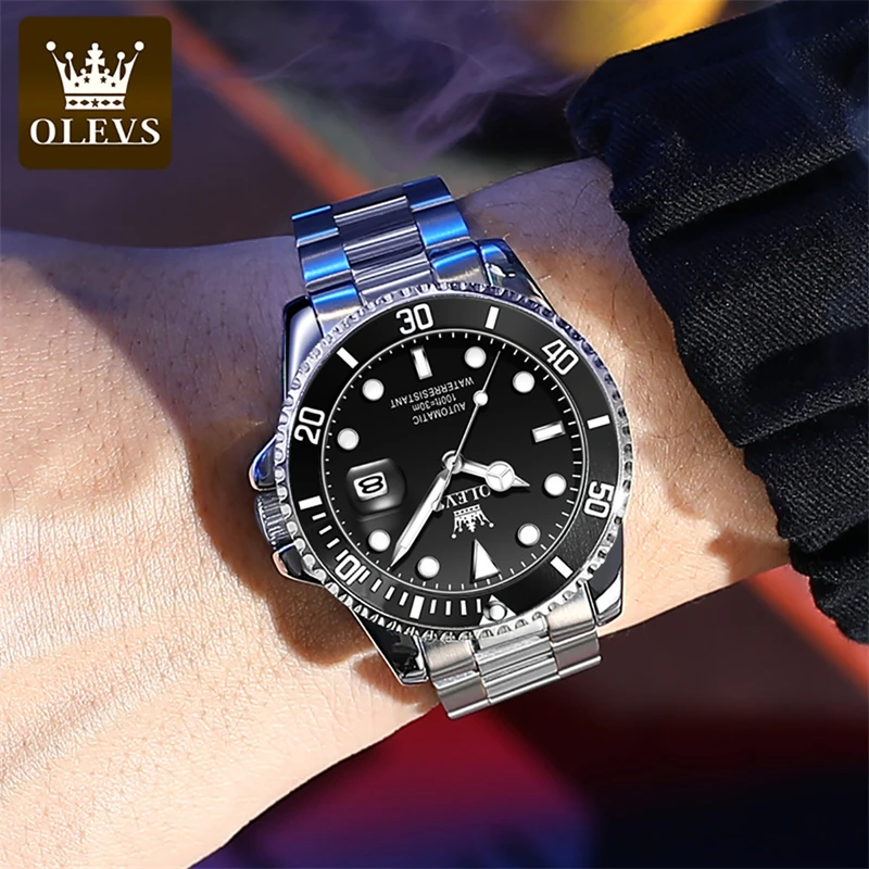 OLEVS Brand Fashion Mechanical Watch for Men Stainless Steel Waterproof HD Luminous Calendar Mens Watches Relogio Masculino