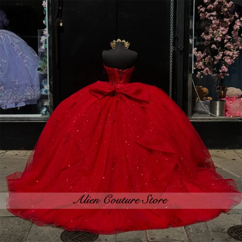 Quinceanera Dress Ball Gown Bead Appliques Graduation Party Gowns Luxury Red Vestidos De 15 A&ntilde;os With Bow Customized