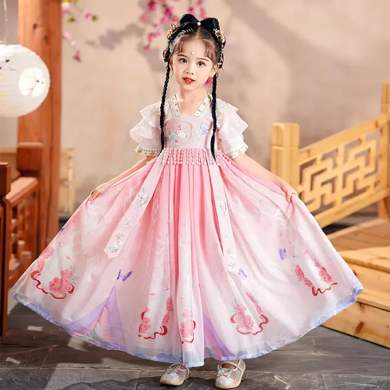 

Girls Hanfu Dress Tang Suit 2024 Summer Chinese Style Fashion V-Neck Short Sleeve Embroidery Patchwork Princess Ancient Costume