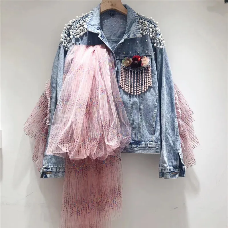 

Heavy Work Mesh Splicing Diamond Blue Denim Jacket Women Spring Autumn Casual Harajuku Lapel Long Sleeve Jeans Jacket Streetwear