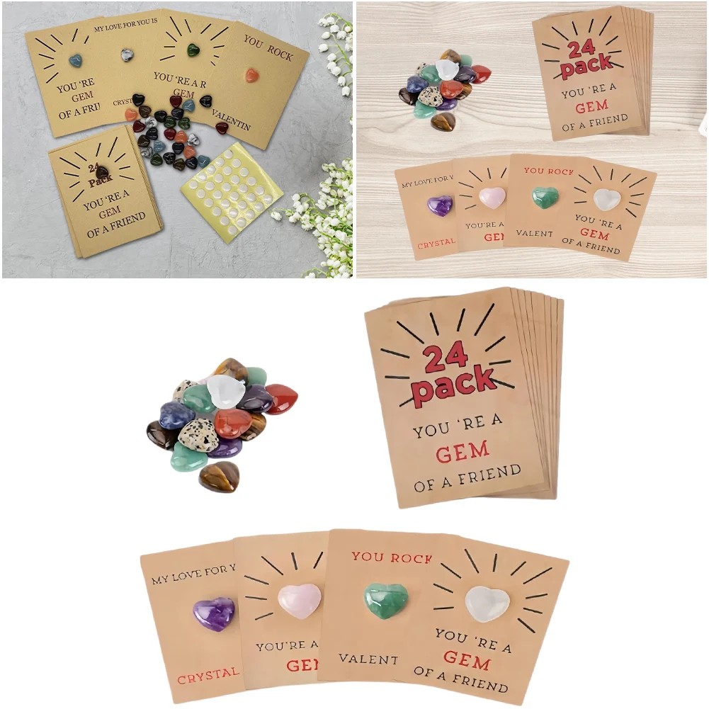 24pcs Happy Valentines Day Cards with Heart-Shape Crystals Handmade Gift Card Set Valentine Exchange Gift for Boys Girls 1
